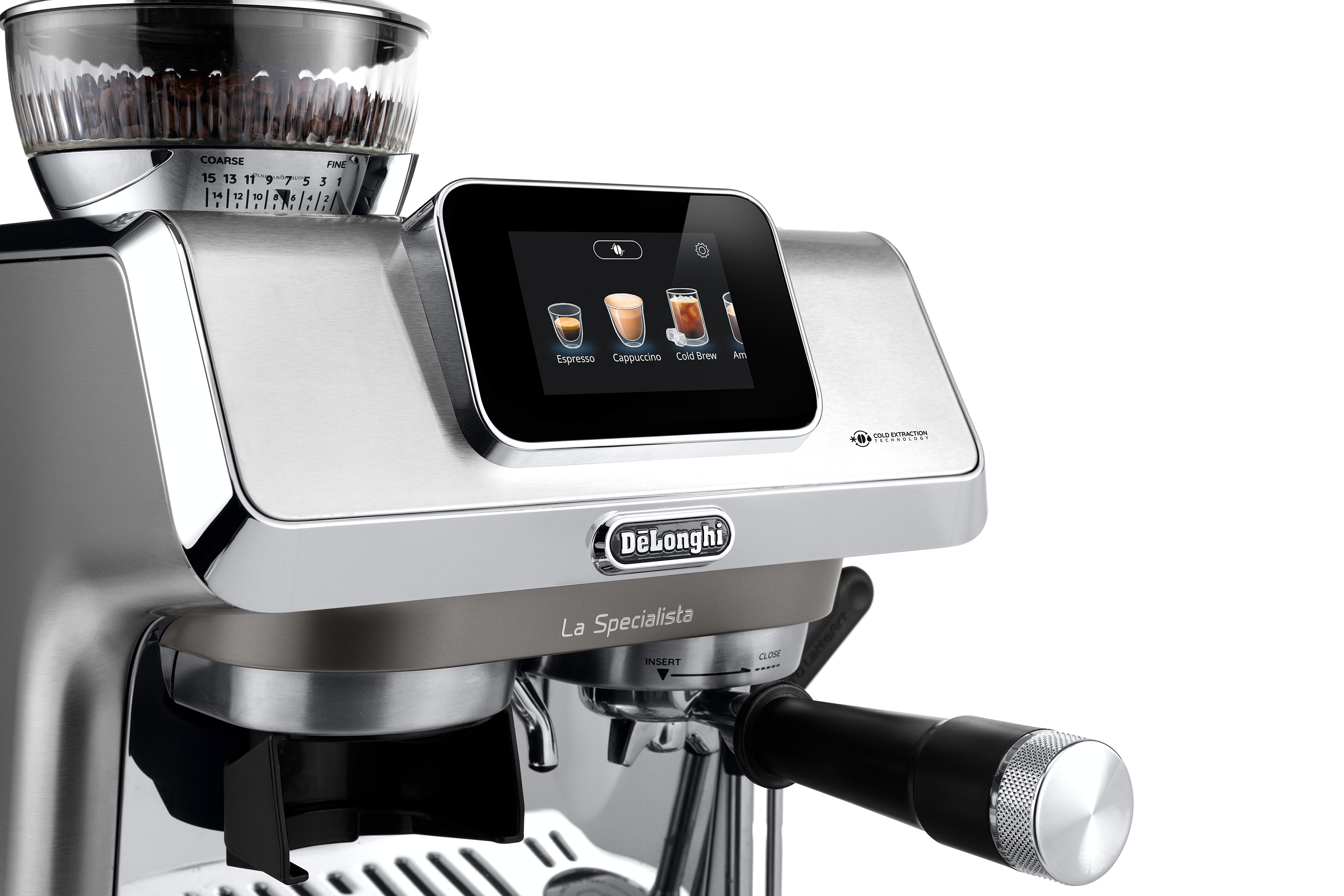 DeLonghi Kaffeemaschine mit Touchscreen, Espresso-, Cappuccino-, Cold Brew- und Ash-Optionen.