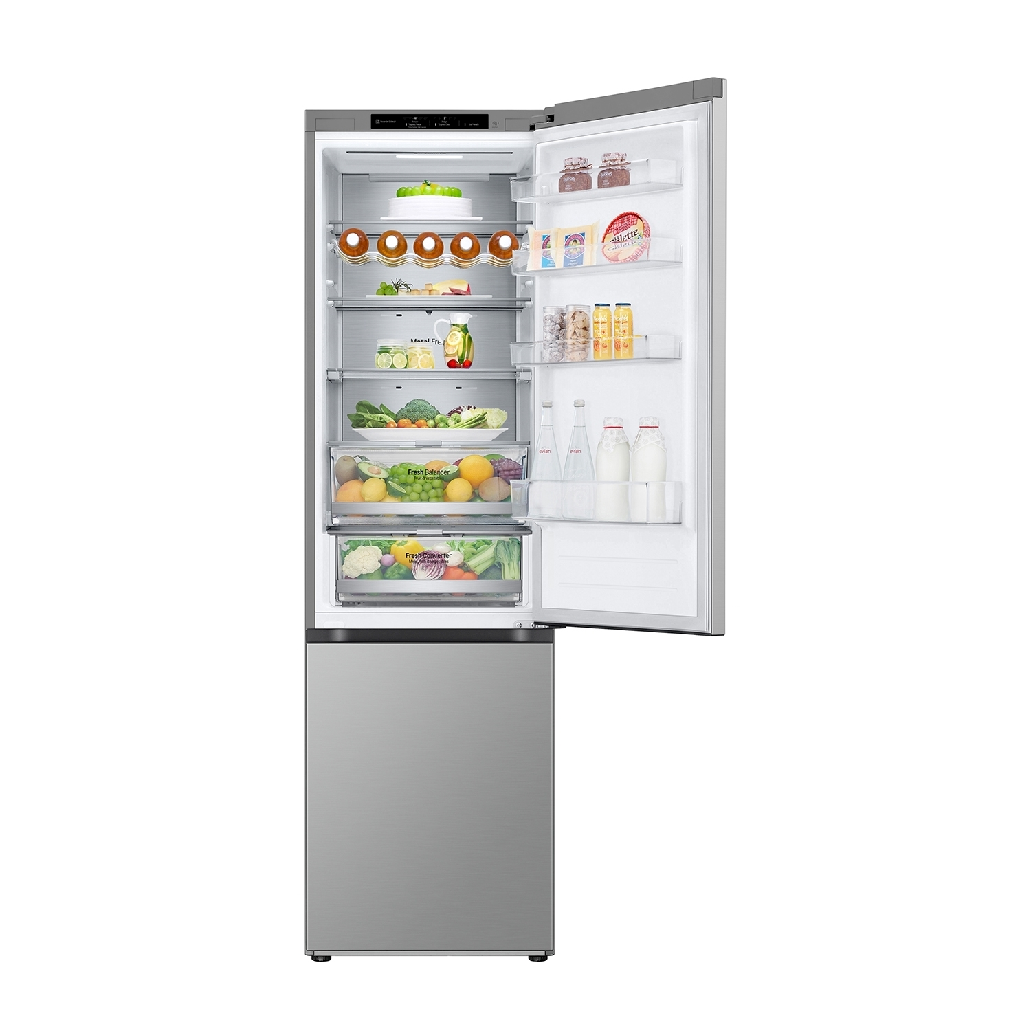 Frigorifero aperto con cibo all'interno, finitura in acciaio inox.
