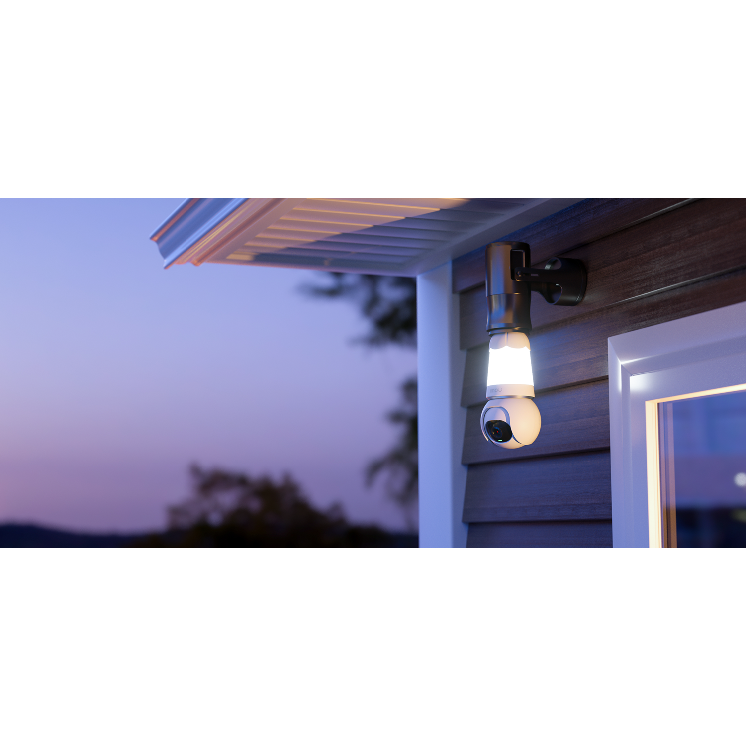 Security camera mounted on a building's exterior, night scene with purple sky.