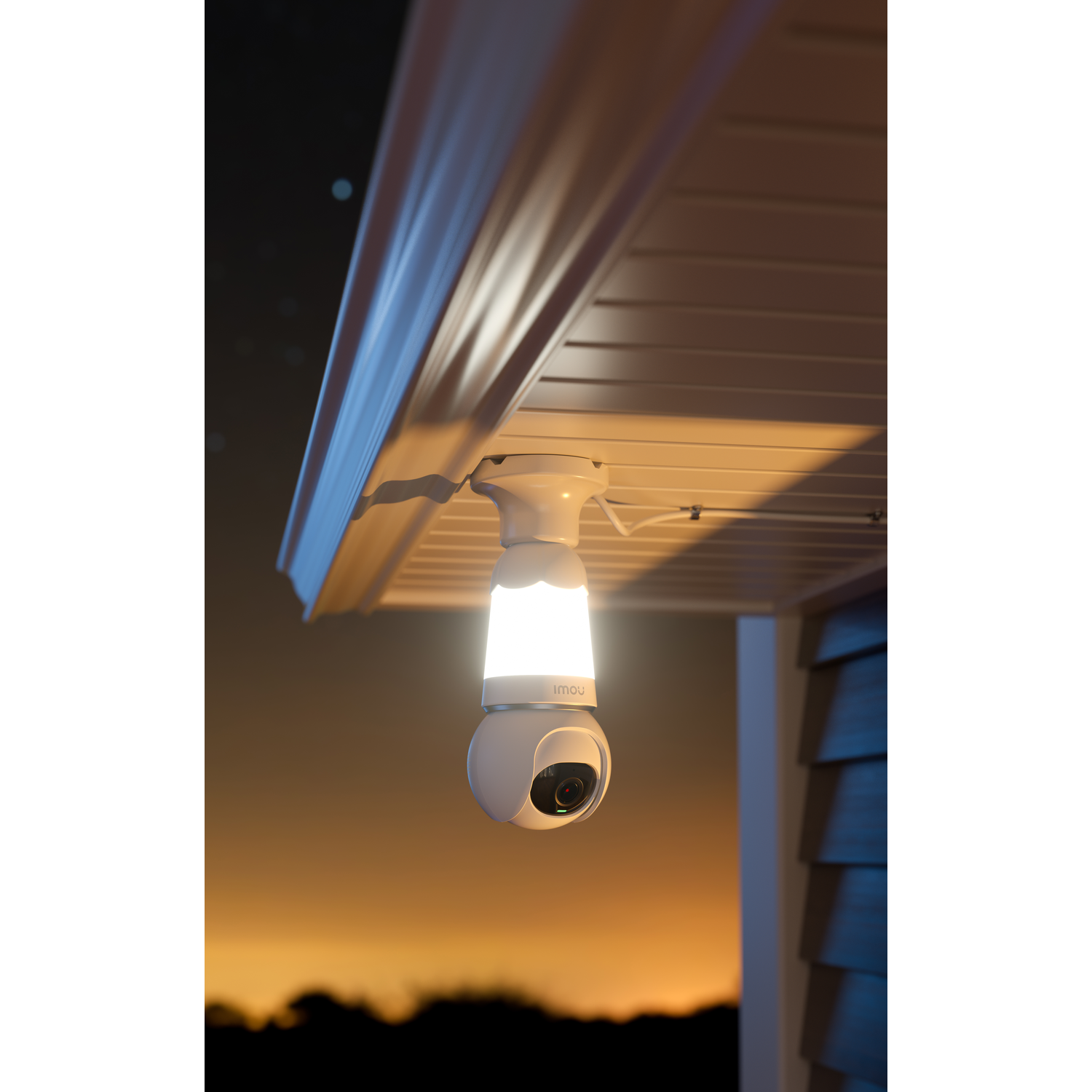 Outdoor security camera hanging from a roof. Camera is white and illuminated.