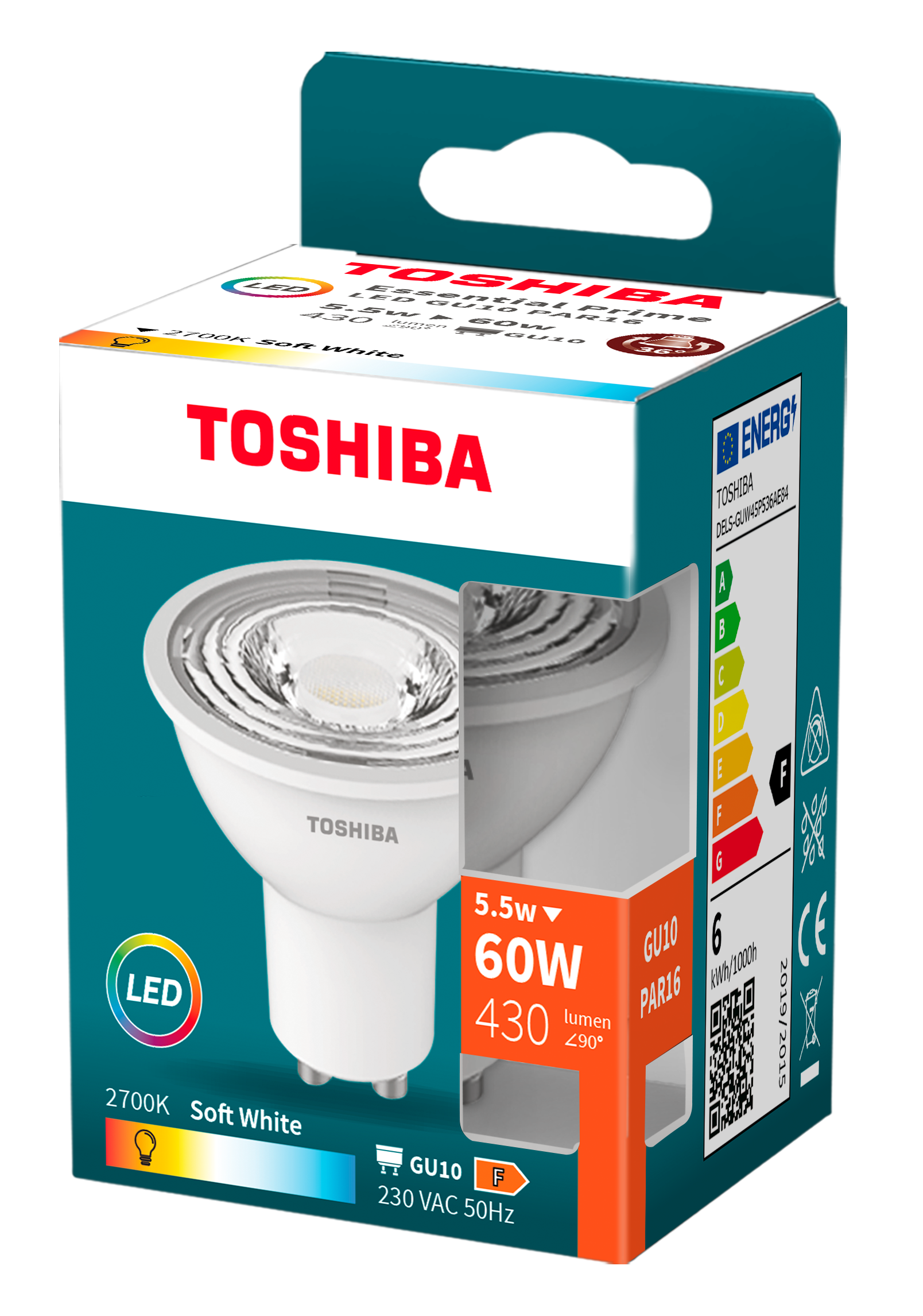 Pudełko żarówki LED Toshiba, z żarówką i etykietą energetyczną.