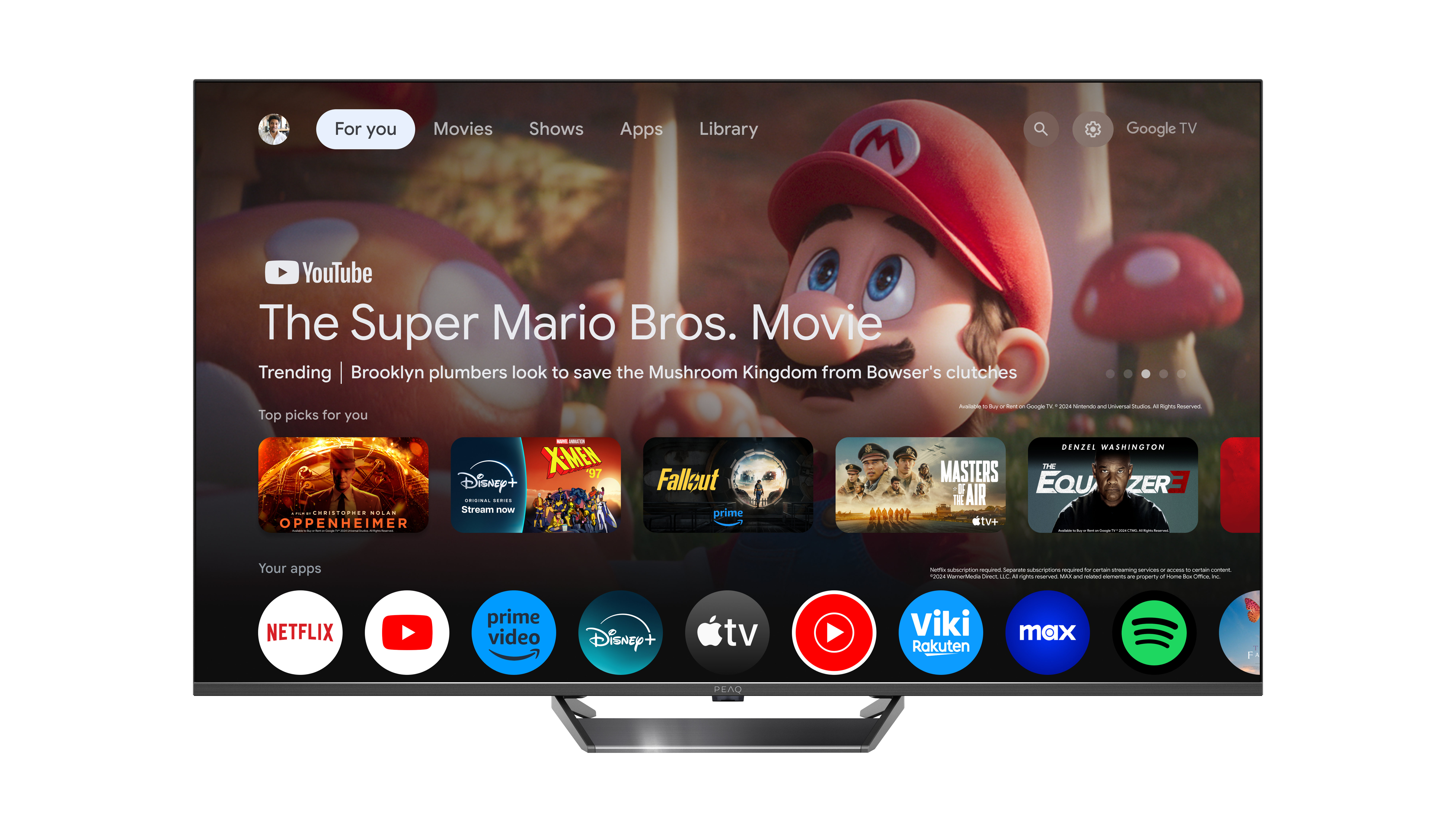Smart-TV mit The Super Mario Bros. Movie auf Google TV-Oberfläche, mit App-Symbolen darunter.