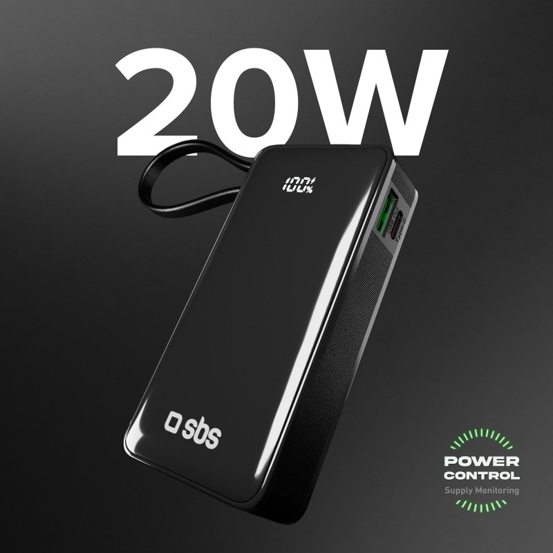 Czarny power bank SBS z etykietą 20W i wskaźnikiem kontroli zasilania. Ciemne tło.