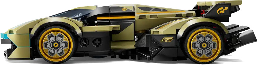 Samochód wyścigowy LEGO Technic, żółto-czarny, ze złotymi kołami.