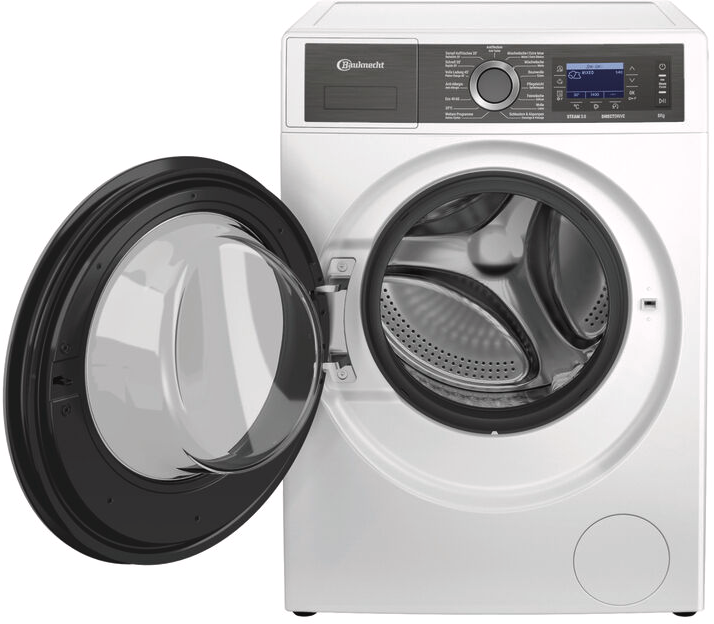 Lave-linge blanc avec porte ouverte, détails noirs.