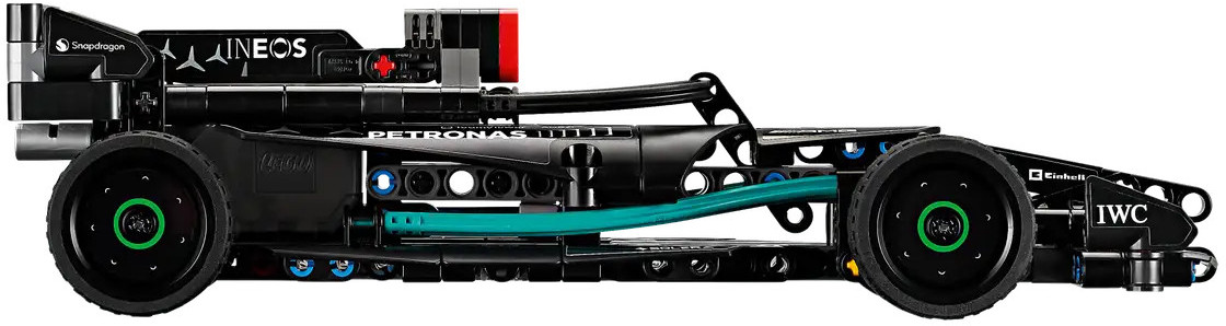 Czarno-turkusowy model samochodu wyścigowego Lego, z widocznymi różnymi szczegółami.