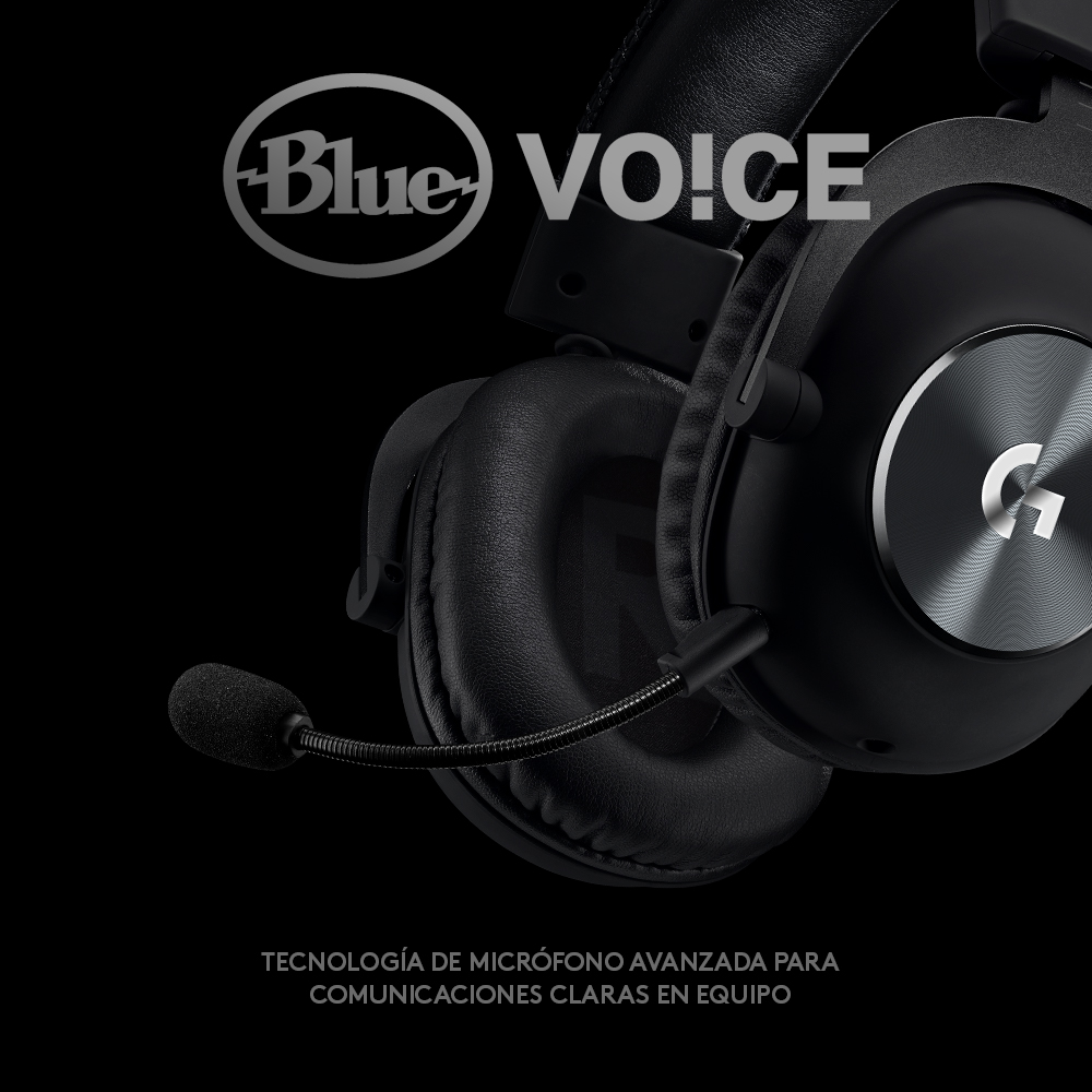 Auriculares negros con micrófono, logo Blue Voice. Fondo negro.