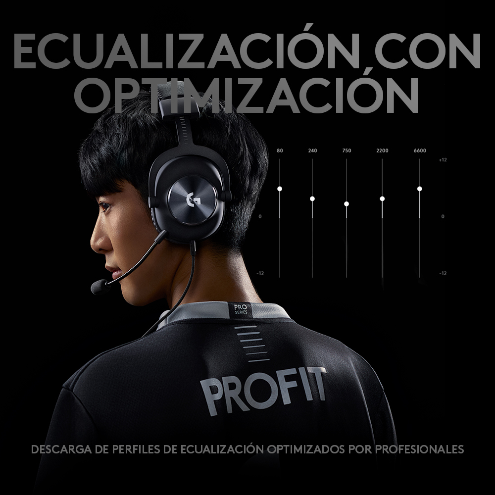 Hombre con auriculares, gráfico de niveles de ecualización y texto.