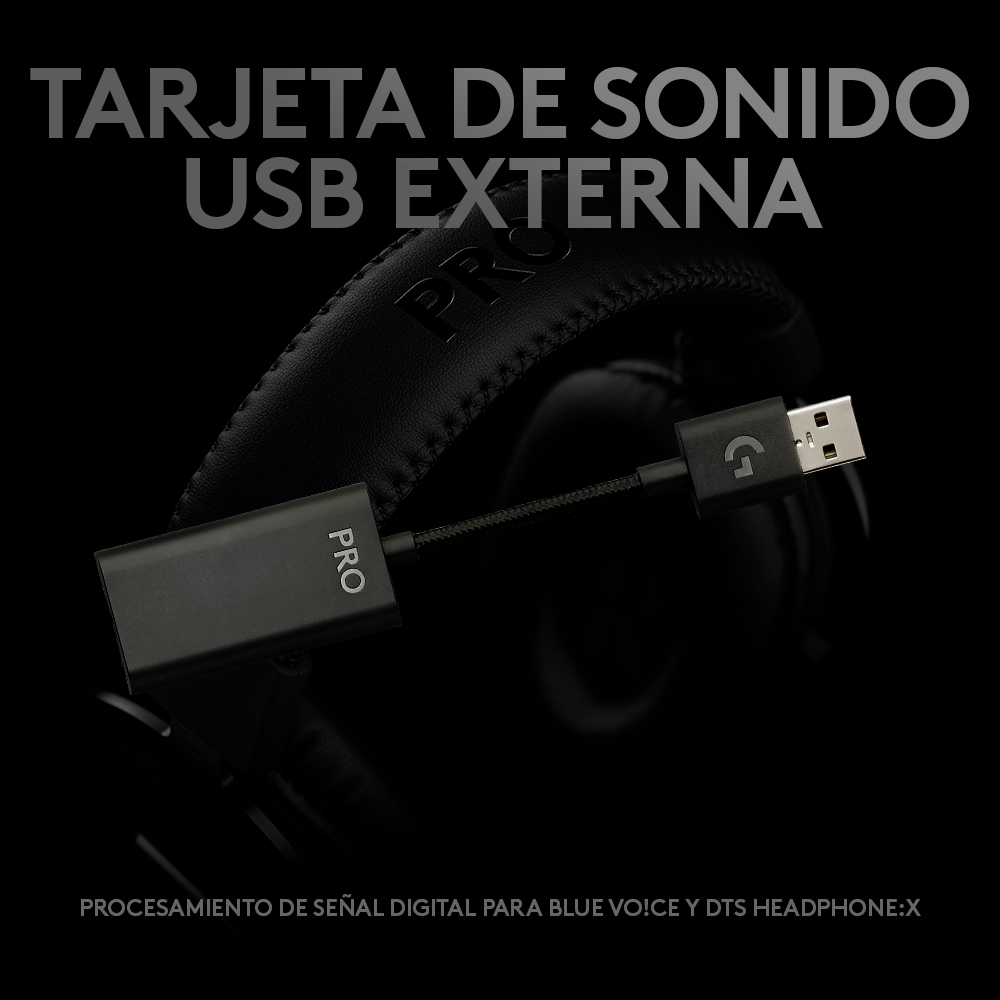 Adaptador de audio USB negro con auriculares y texto.