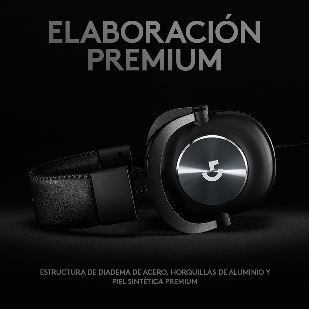 Auriculares negros con logo gris y texto en español, sobre fondo oscuro.