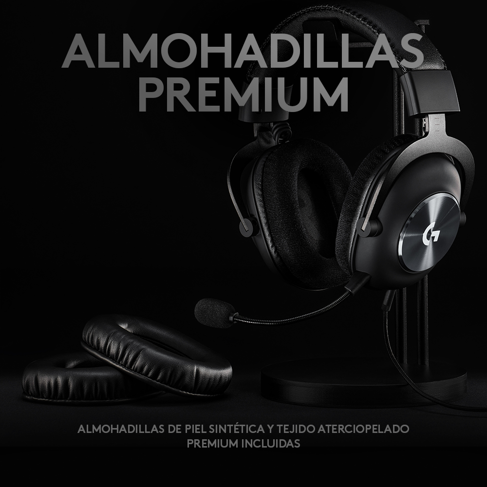 Auriculares con almohadillas premium en un soporte. Texto: Almohadillas premium.