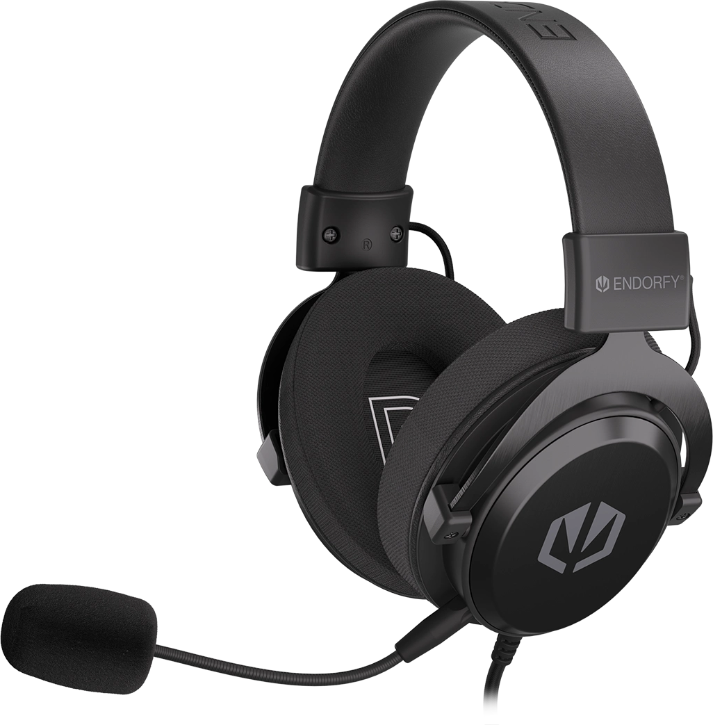 Fekete gaming headset mikrofonnal, fülkagylóval és fejpánttal.