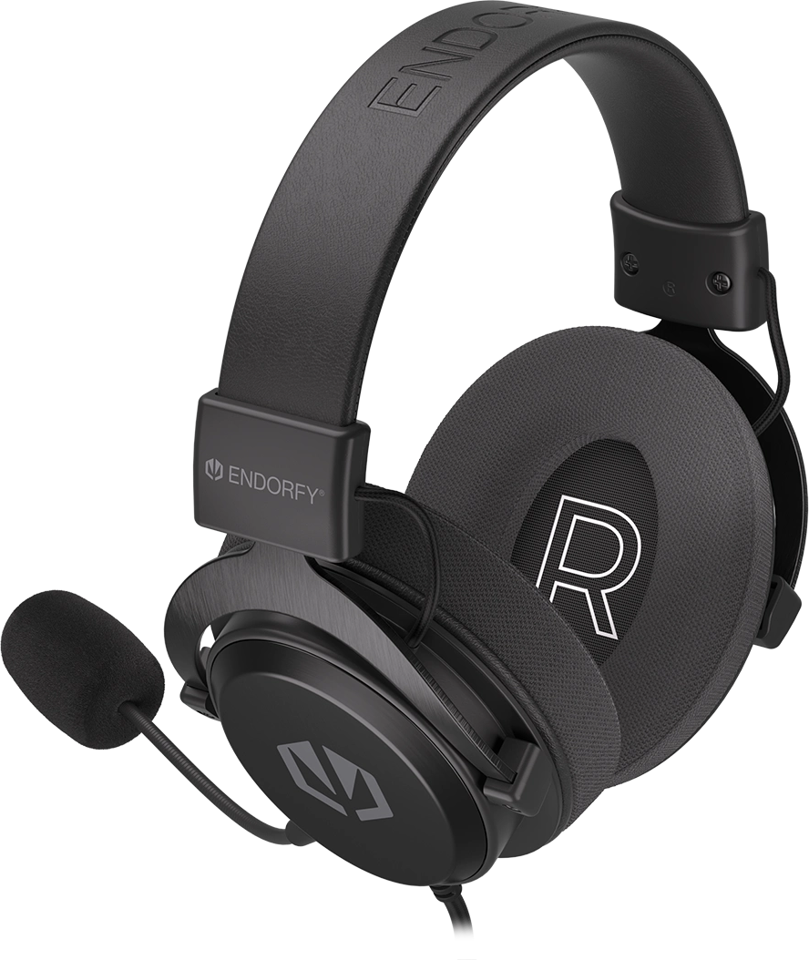 Fekete gamer headset mikrofonnal. A headset az Endorfy márkát mutatja.