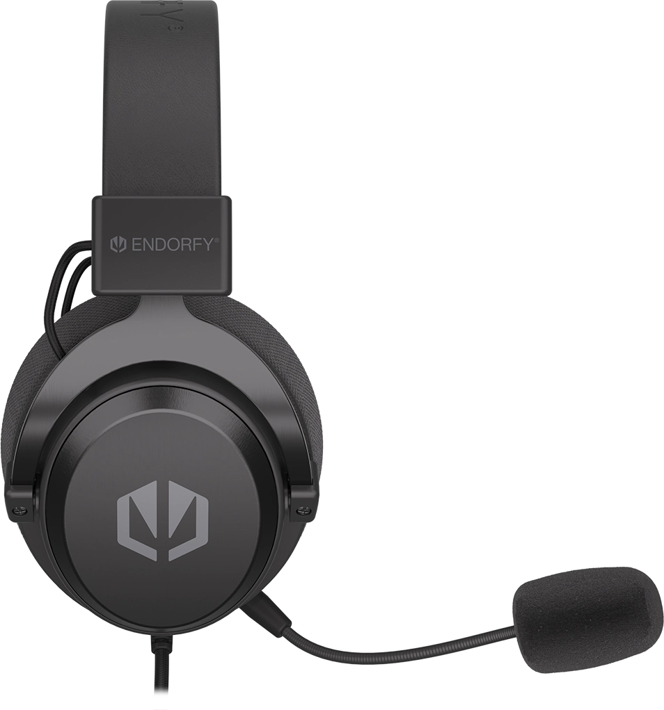 Fekete gamer headset mikrofonnal. Az Endorfy márka logója látható balra.