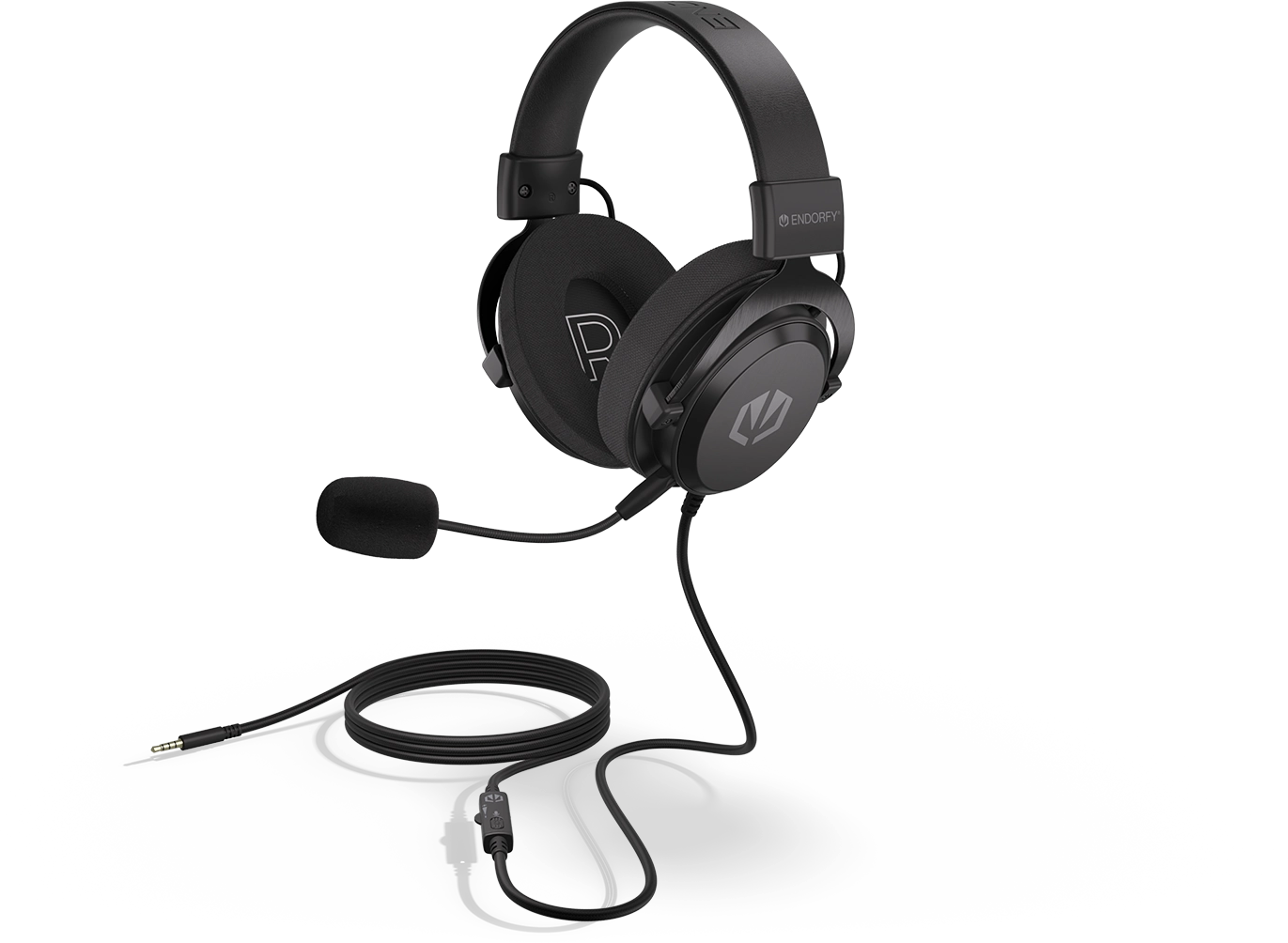 Fekete Endorfy gaming headset mikrofonnal és kábellel, fekete háttéren.