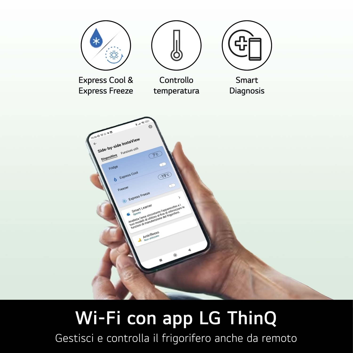 Uno schermo di smartphone mostra l'interfaccia del pannello di controllo di un frigorifero, con icone.