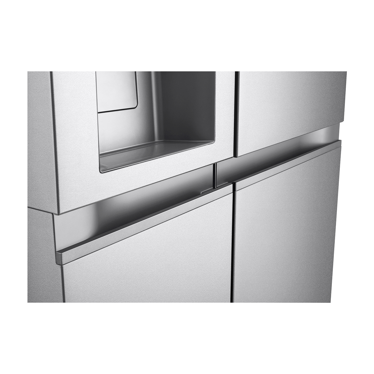 Primo piano di porta frigorifero in acciaio inox, con maniglia e dispenser d'acqua.