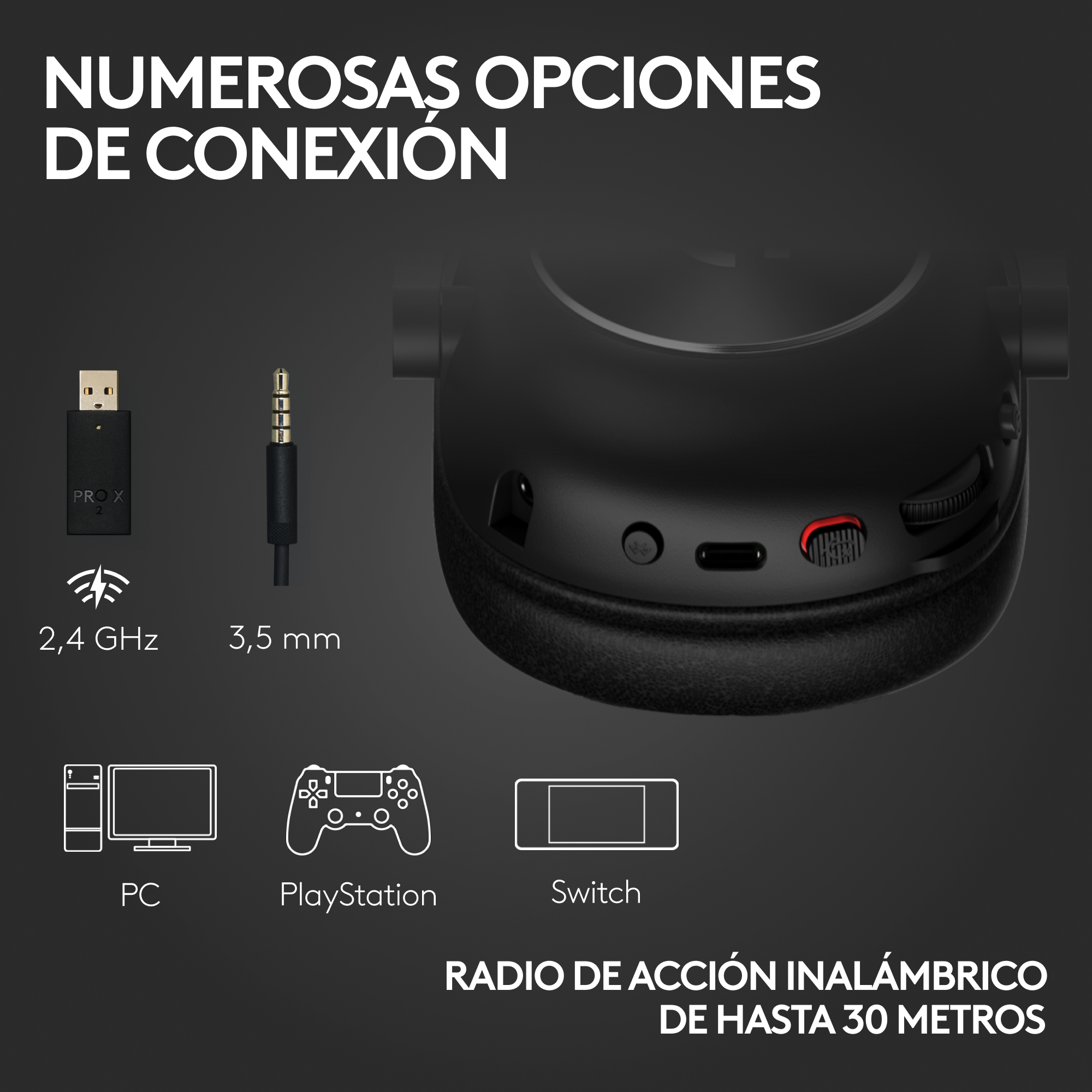 Diagrama que muestra las opciones de conexión de auriculares: PC, PlayStation, Switch.