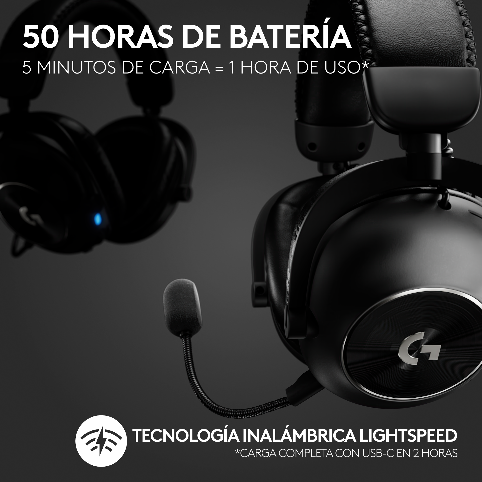 Auriculares negros con micrófono. Texto: 50 horas de batería. Tecnología inalámbrica.