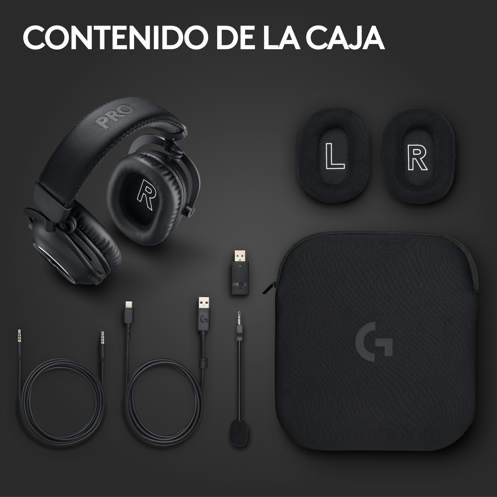 Auriculares negros, almohadillas, estuche, cables y accesorios sobre fondo oscuro. Texto: 'CONTENIDO DE LA CAJA'.