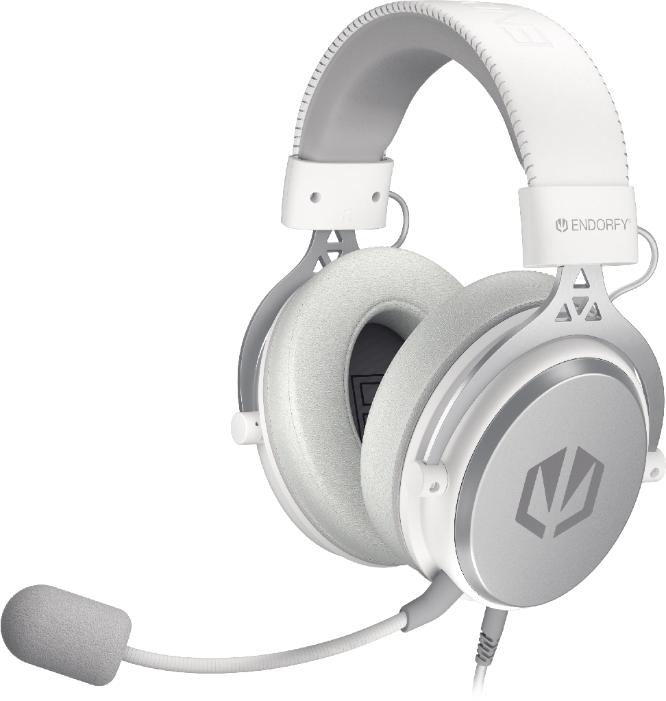 Fehér gamer headset mikrofonnal, fekete háttéren.
