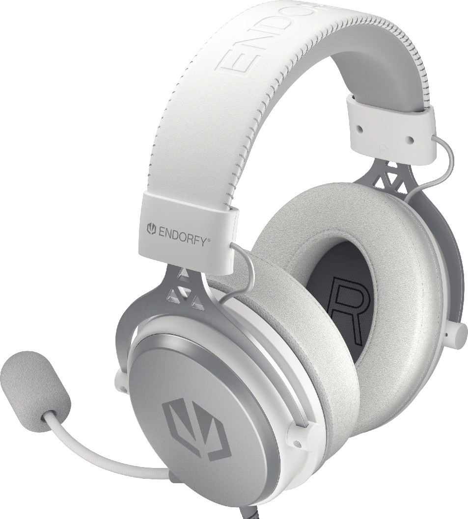 Fehér és szürke gamer headset mikrofonnal fekete háttéren.