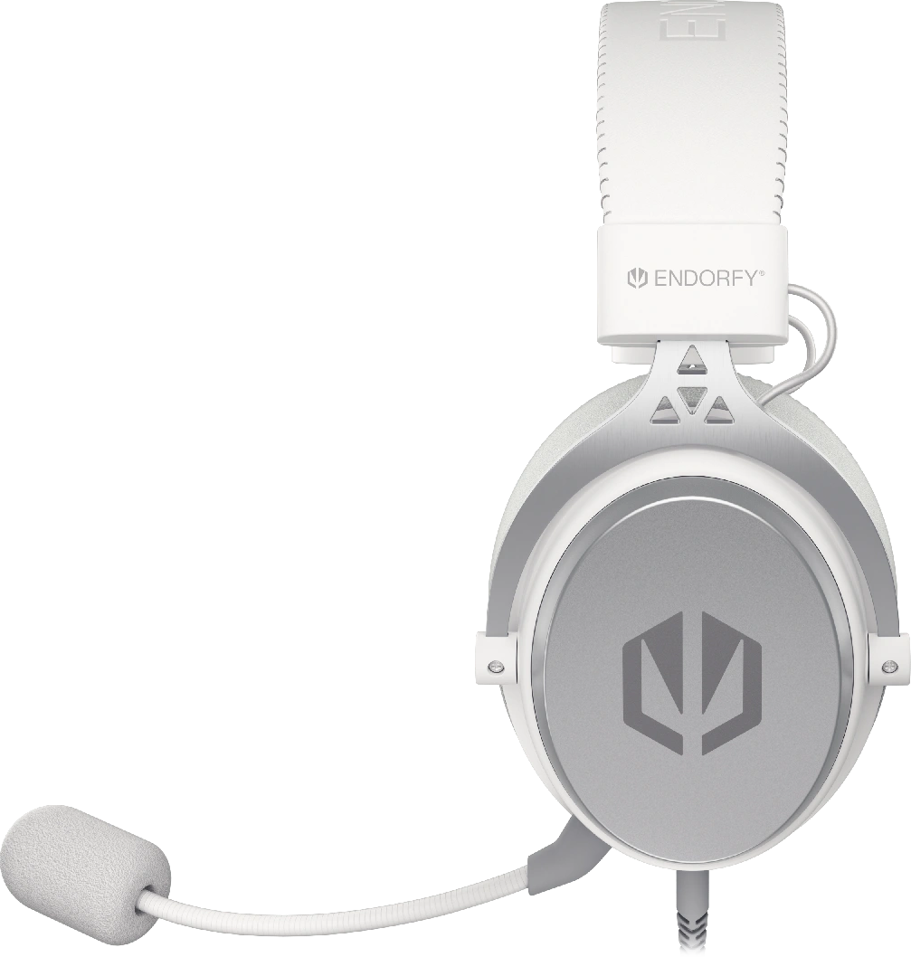 Egy fehér-szürke gamer headset mikrofonnal. Fekete háttéren van.