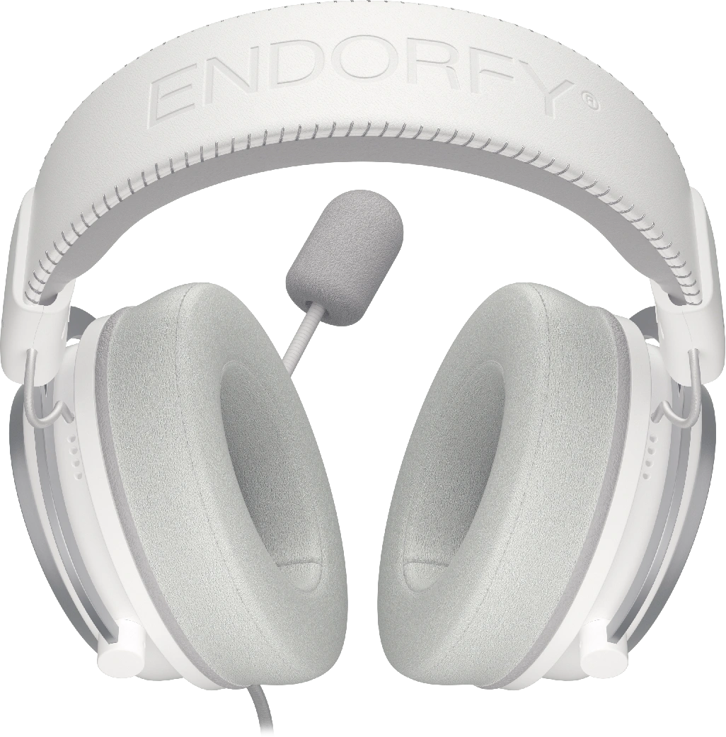 Fehér gamer headset mikrofonnal fekete háttérrel.