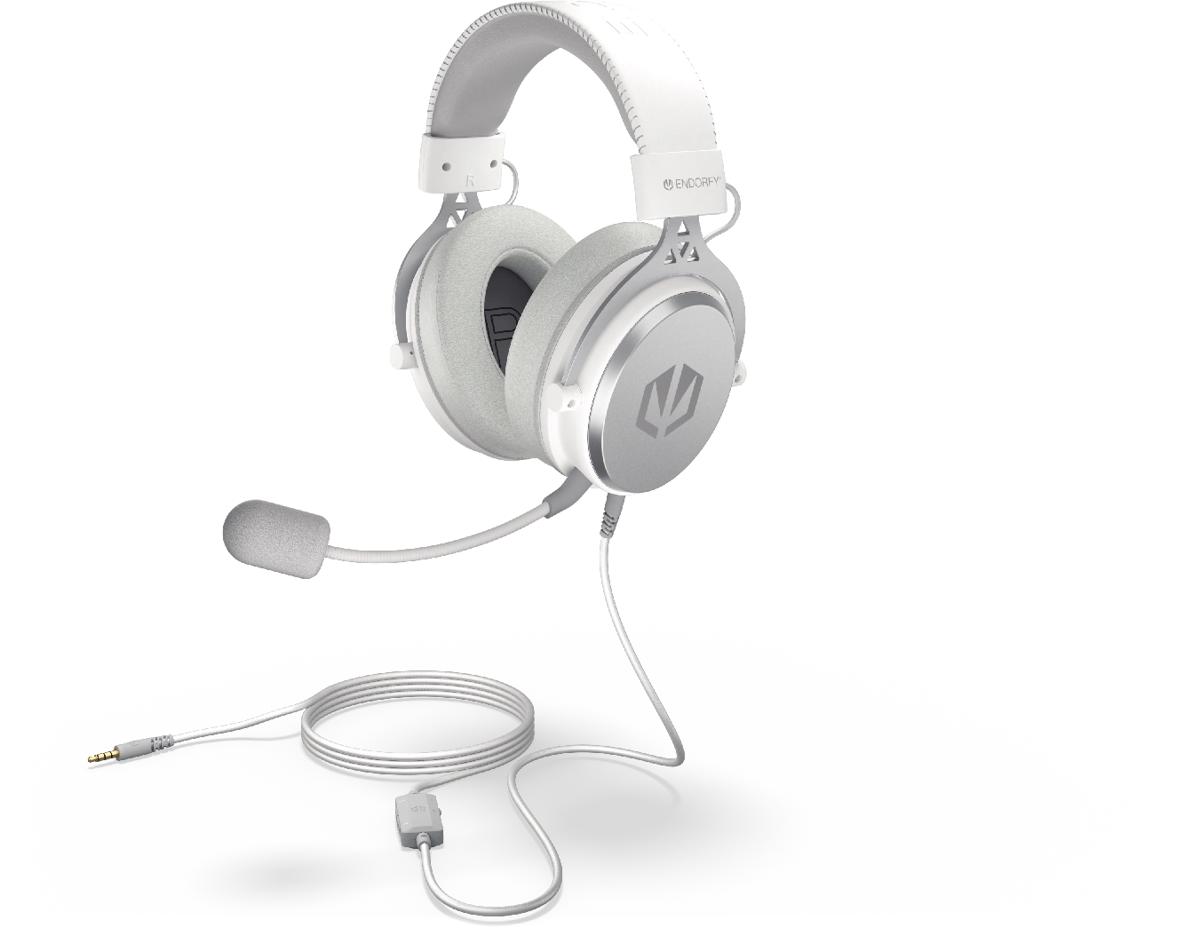 Fehér és szürke gamer headset mikrofonnal. Az Endorfy logója jobbra látható.