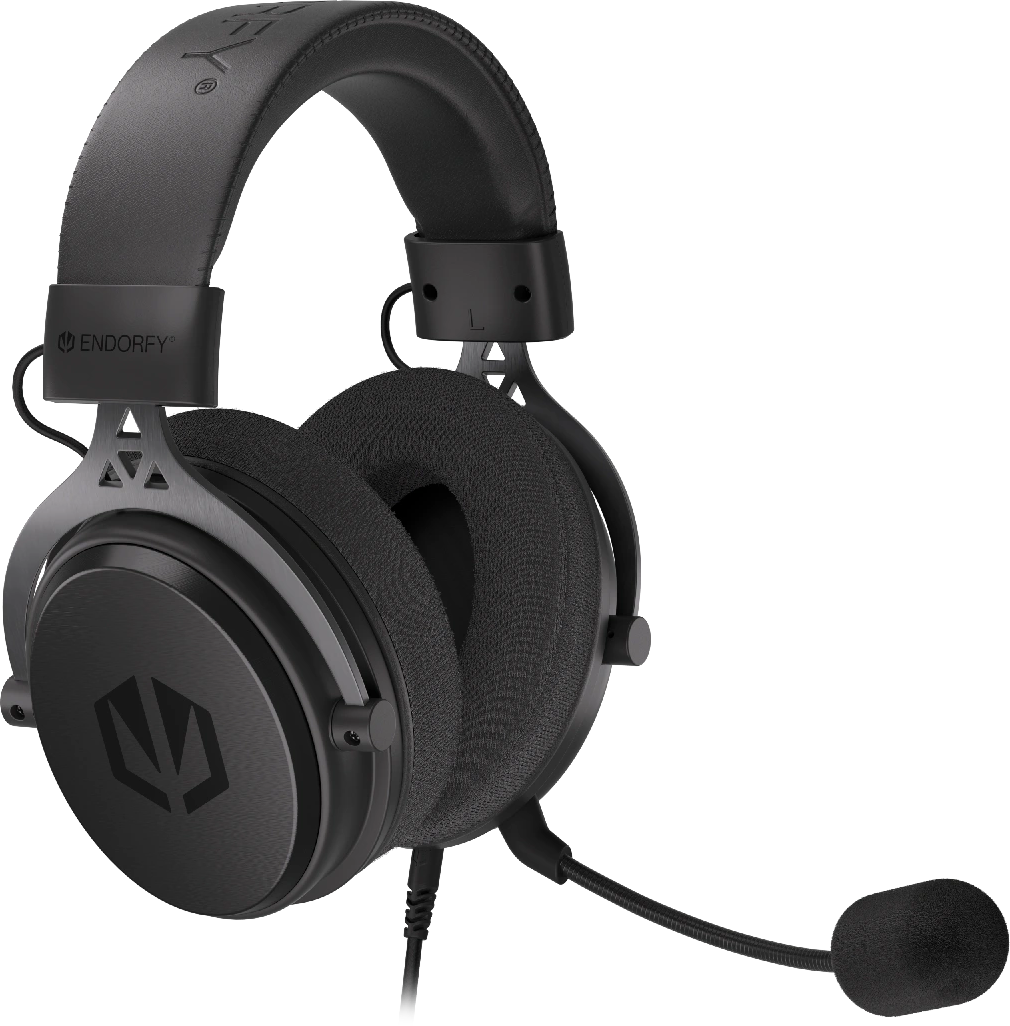 Fekete gamer headset mikrofonnal fekete háttérrel. Az 'ENDORFY' márkanév látható.