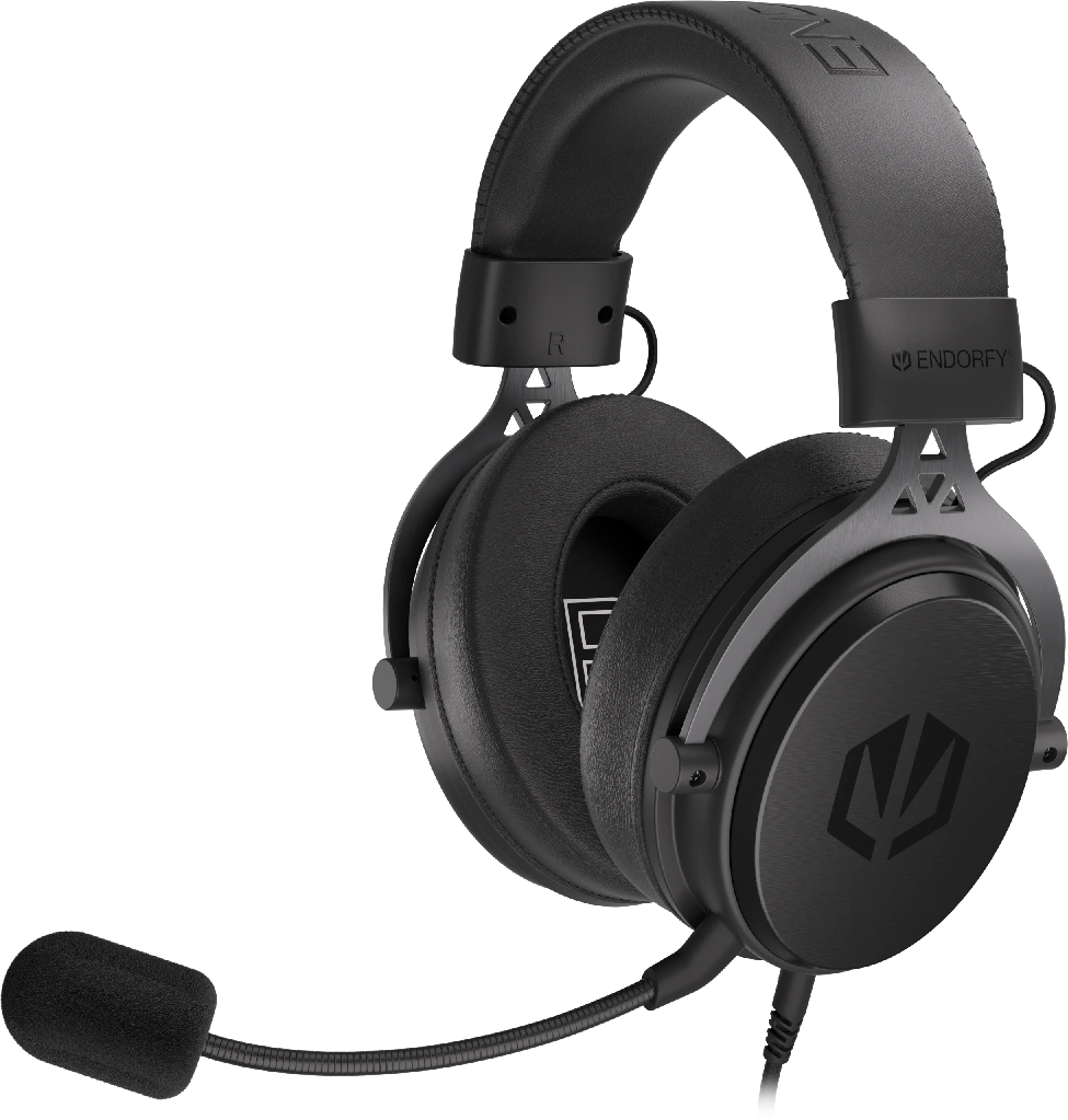 Fekete gamer headset mikrofonnal. Az Endorfy logója a headset jobb oldalán látható.