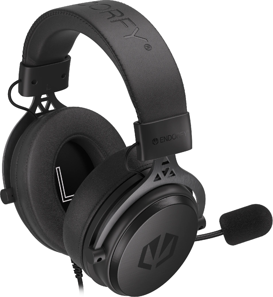 Fekete gamer headset mikrofonnal. Az Endorfy logója a headset bal oldalán látható.