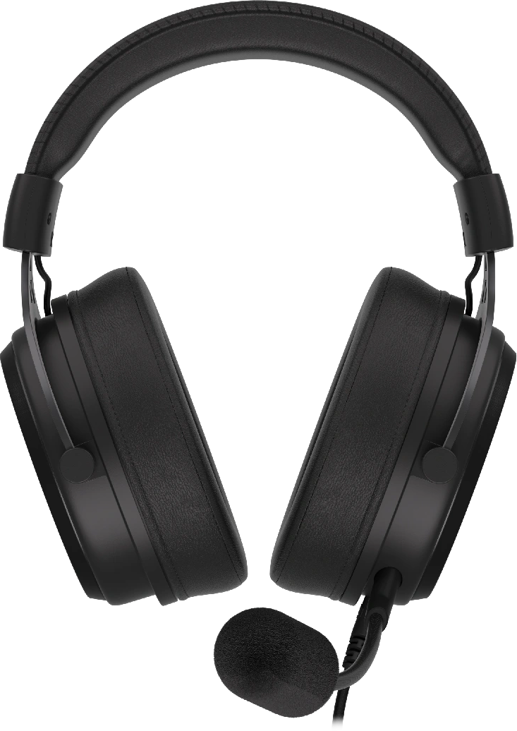Fekete gaming headset két fülkagylóval és mikrofonnal.