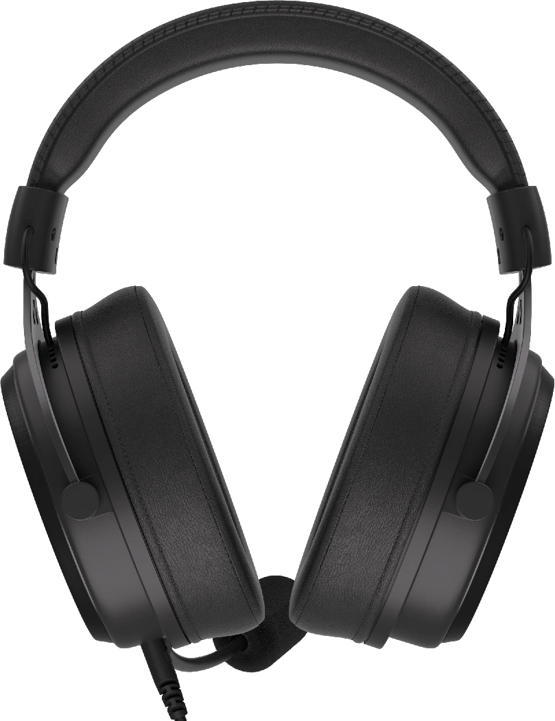Fekete gamer headset mikrofonnal. A fülkagylók láthatók.