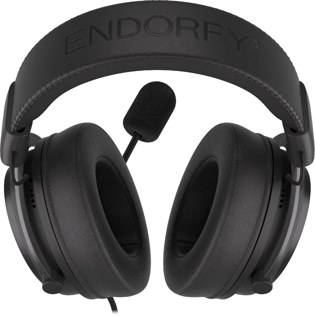 Fekete gamer headset mikrofonnal. Az Endorfy logója a jobb oldalon látható.