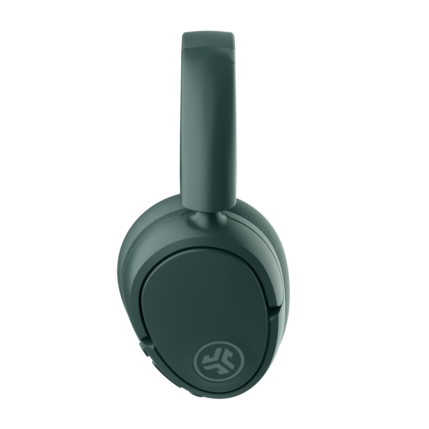 Dark green headphones, side view, against white background.