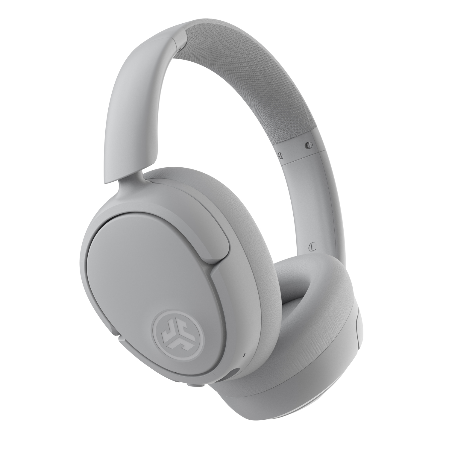 Witte koptelefoon op witte achtergrond, met logo op de oorschelp.