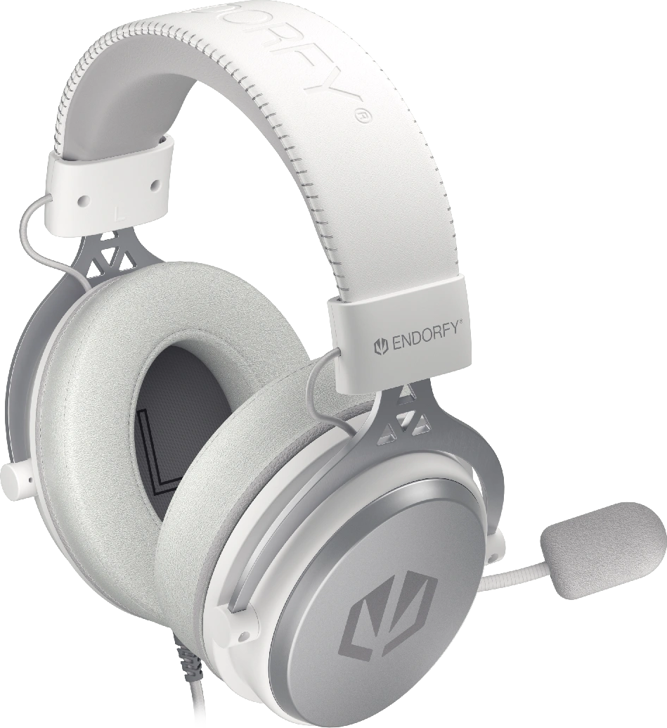 Fehér Endorfy gaming headset mikrofonnal. Szürke díszítések a fülkagylókon.