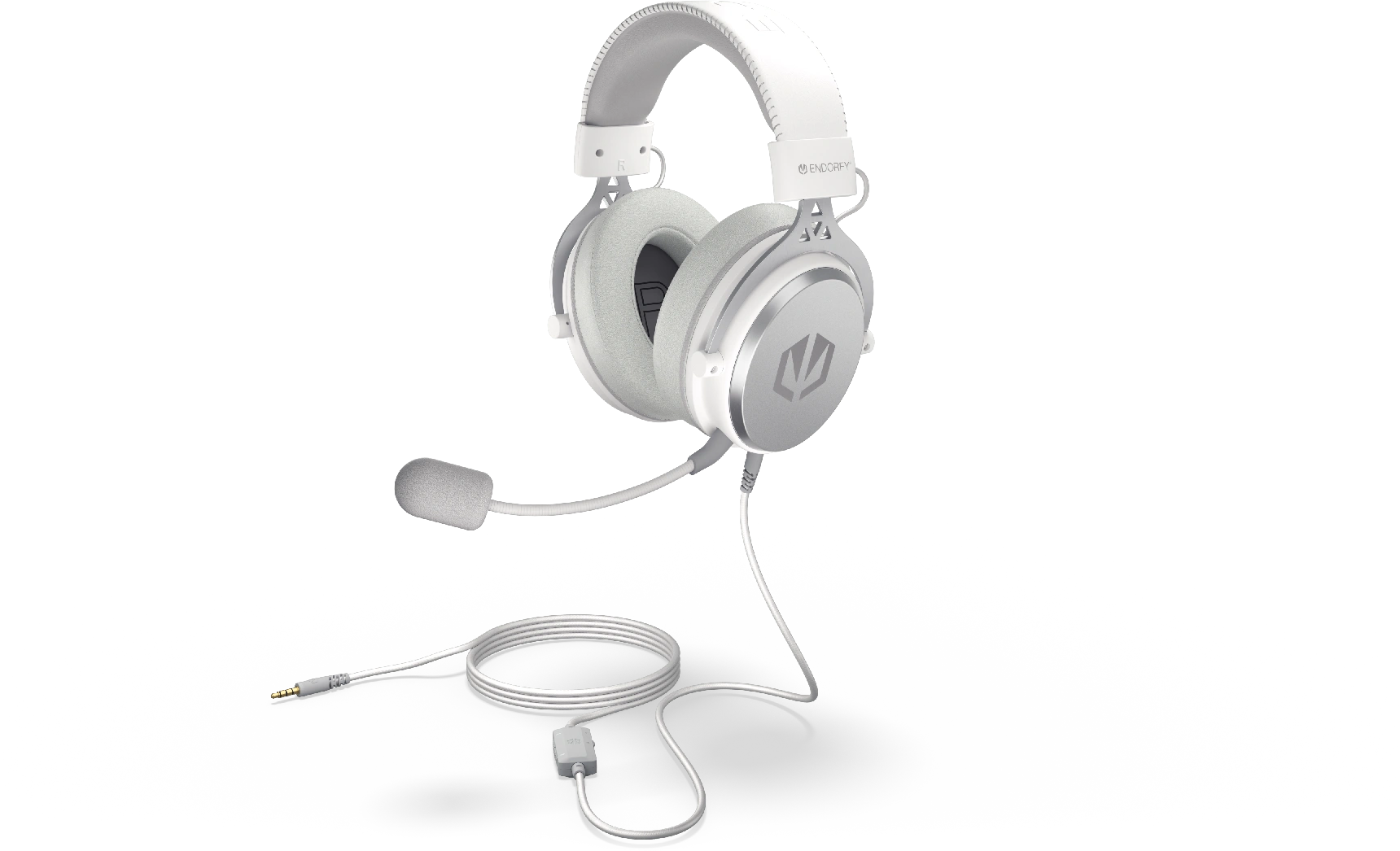 Fehér gamer headset mikrofonnal. Az Endorfy logója jobbra látható.