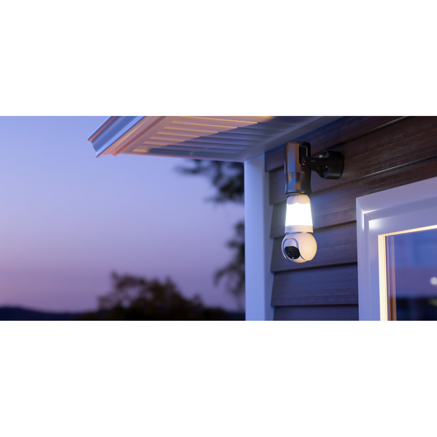 Outdoor security camera mounted on a wall, emitting light, against a purple sky.