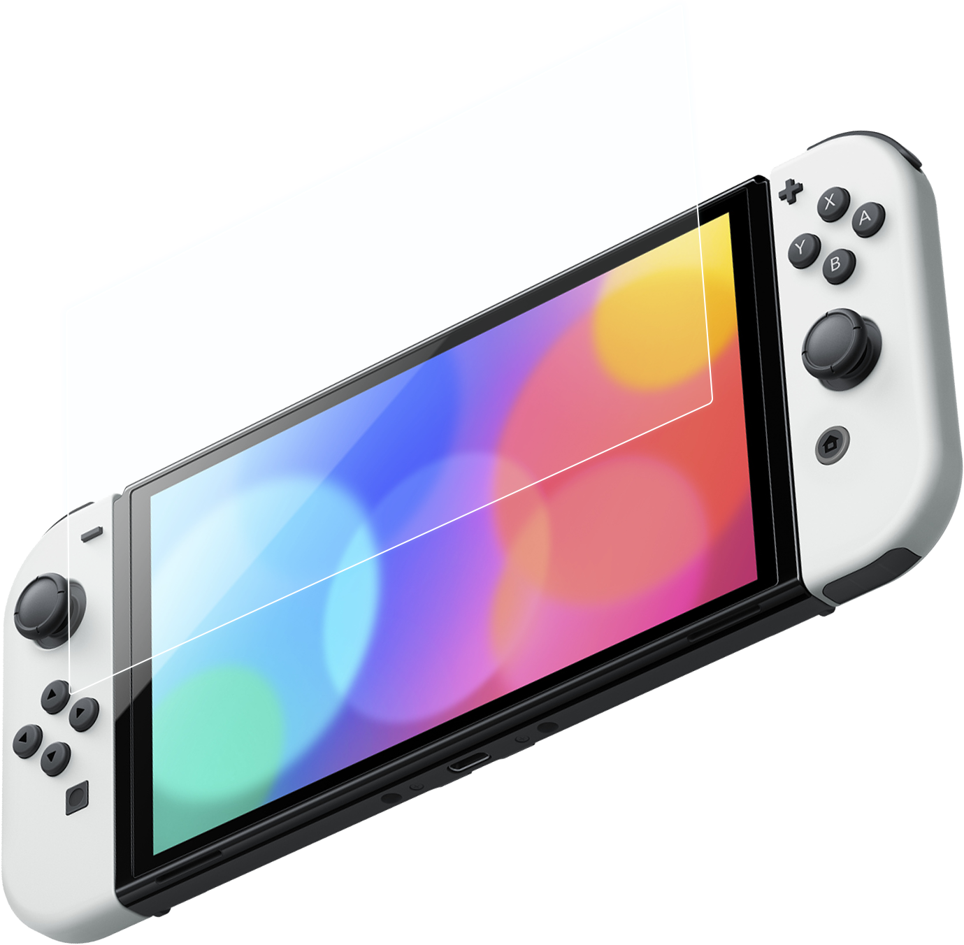 Fehér Nintendo Switch konzol képernyővédővel. Fekete háttér.
