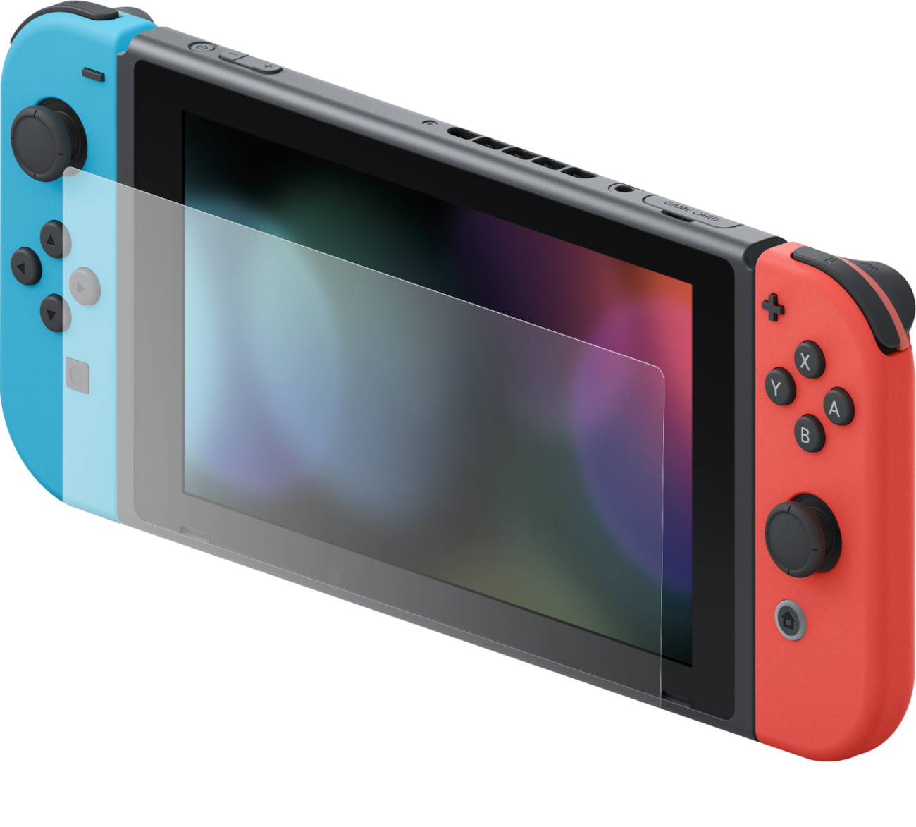 Nintendo Switch konzol képernyővédővel. Piros és kék vezérlők láthatók.