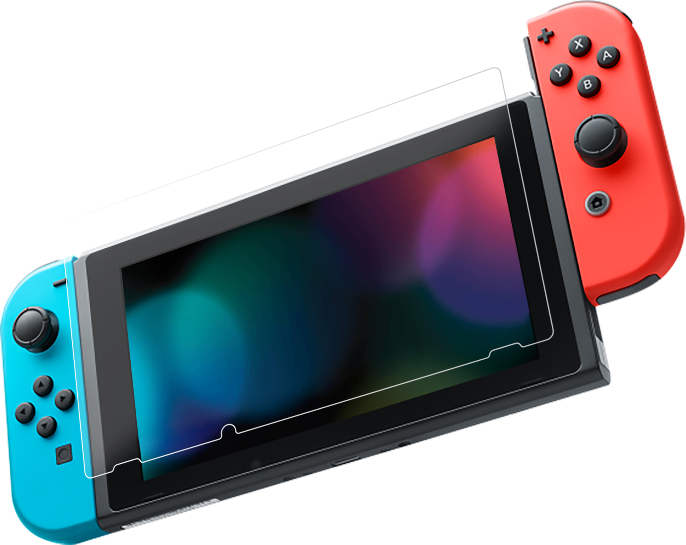 Nintendo Switch piros és kék kontrollerekkel és képernyővédővel.