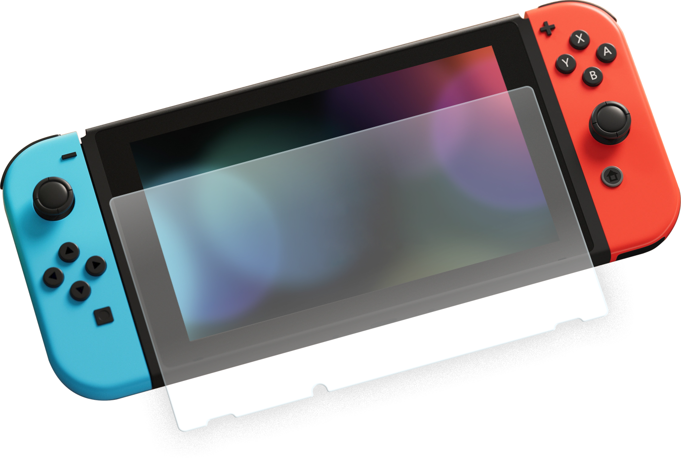 Egy Nintendo Switch konzol képernyővédővel, piros és kék joy-conokkal.