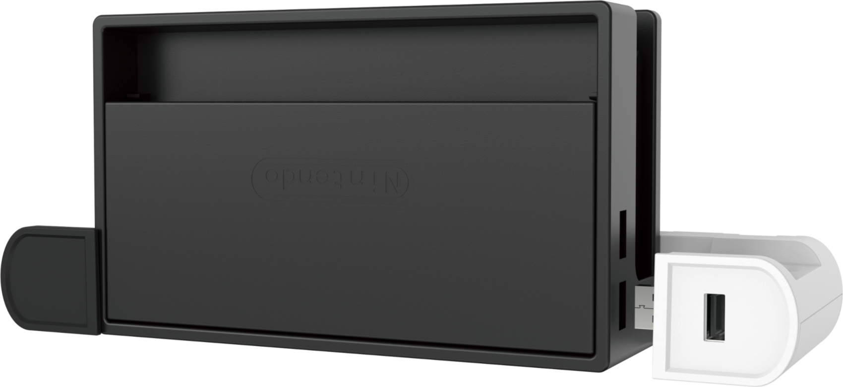 Fekete Nintendo Switch dokkoló, töltőkábellel és USB-porttal.