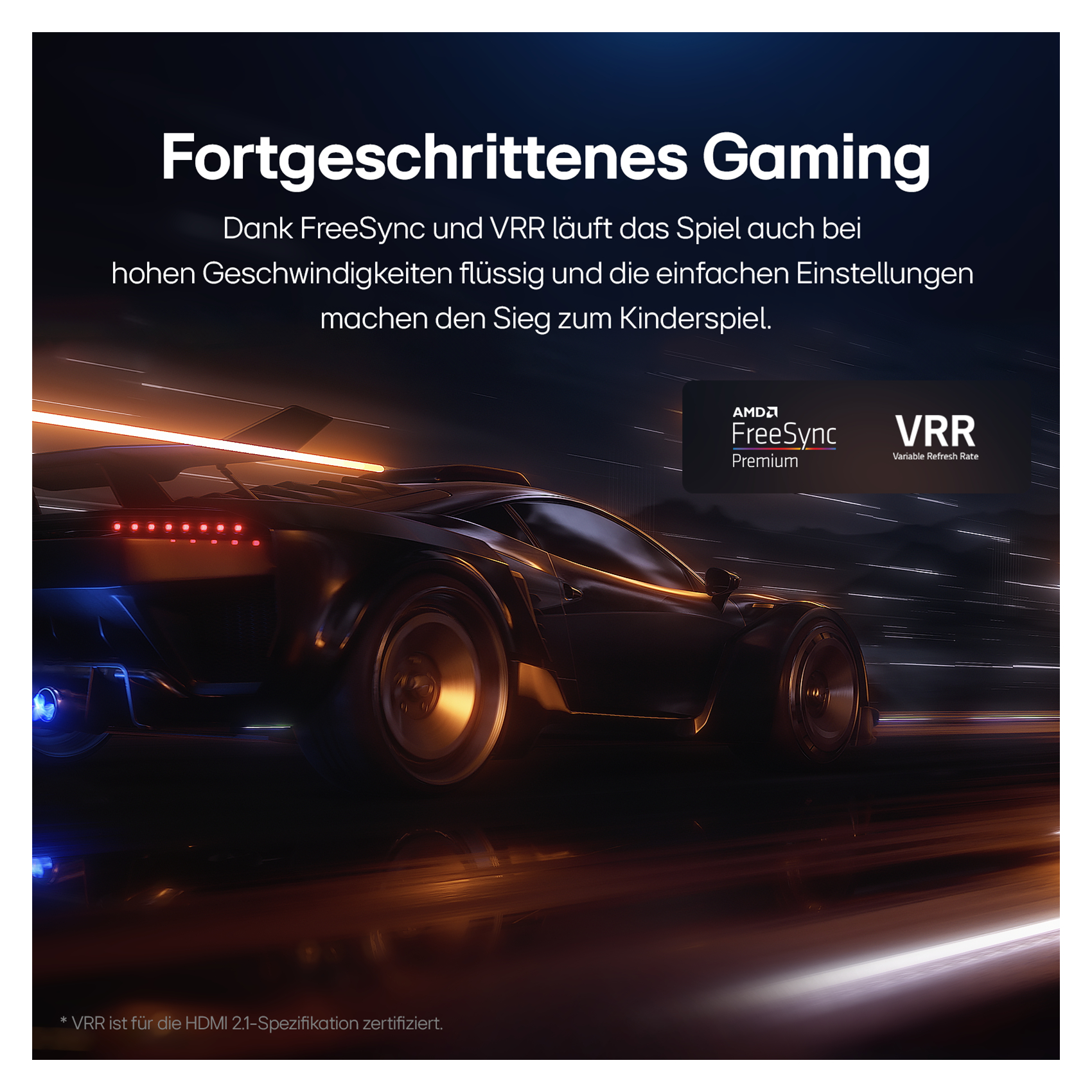Ein schwarzes Auto beim Rennen, mit Text über Gaming-Funktionen. Das Auto hat Scheinwerfer.