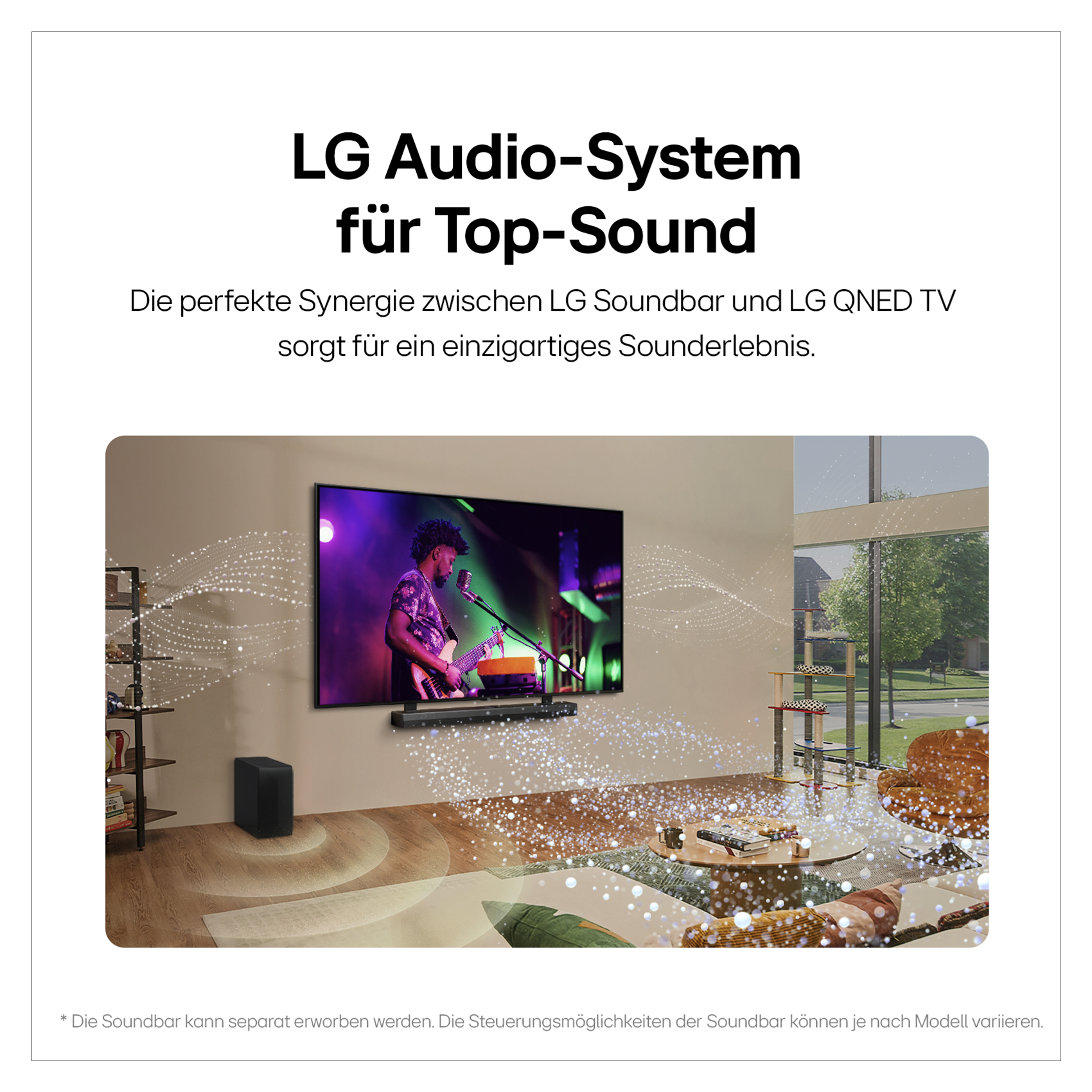 Wohnzimmer mit Fernseher und Soundbar. Text-Overlay: LG Audio-System für Top-Sound.