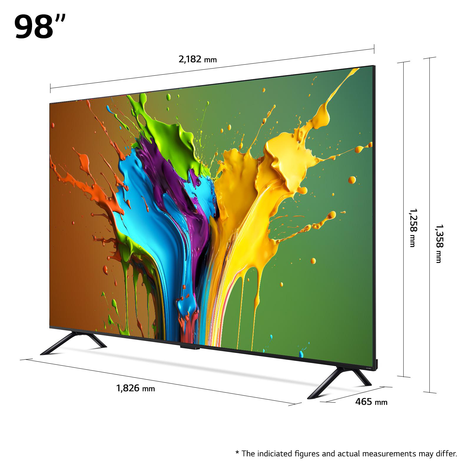Großer Fernsehbildschirm mit farbenfroher Splash-Art. Maße in mm: 1826, 2182, 1358, 1258 und 465.