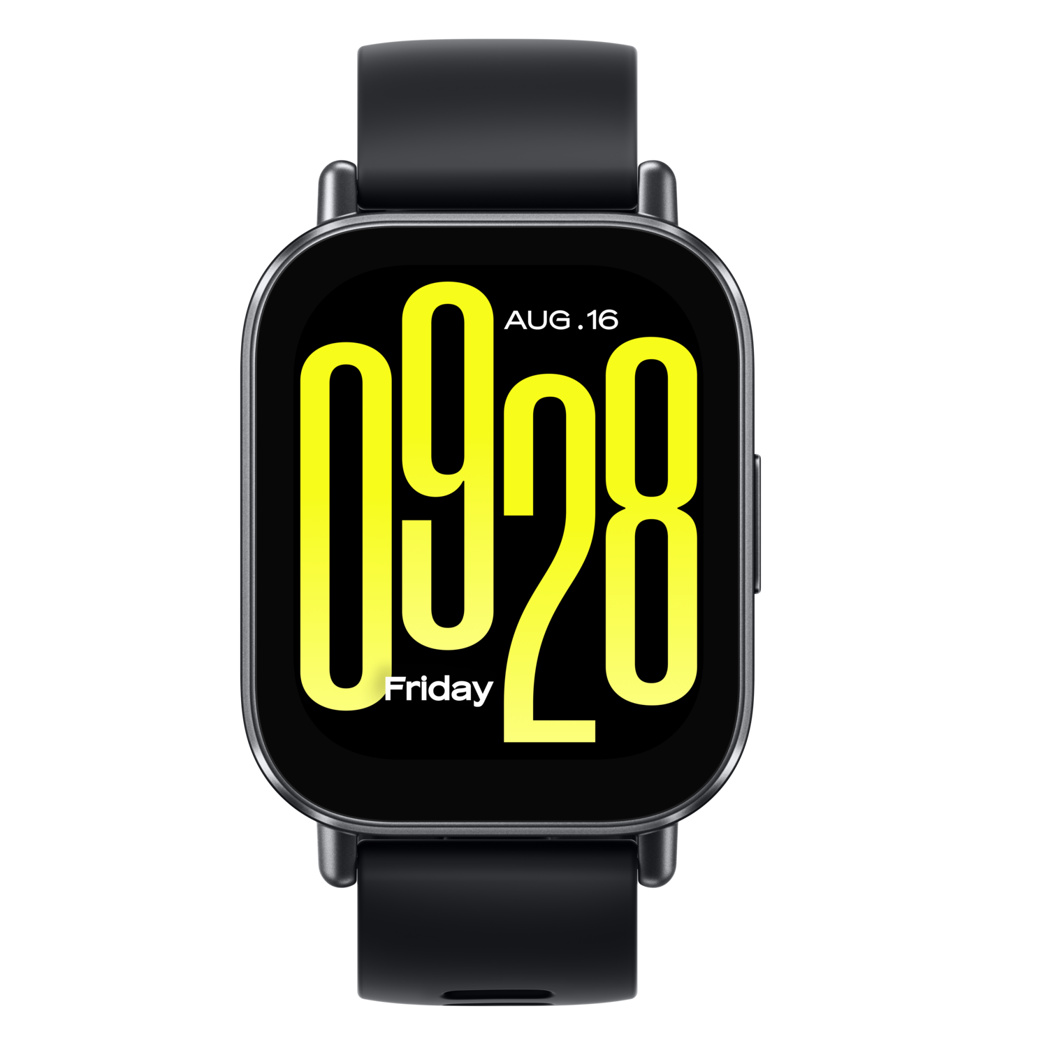 Zwarte smartwatch met digitale display die tijd en datum toont. Datum is 16 aug. De tijd is 09:28.