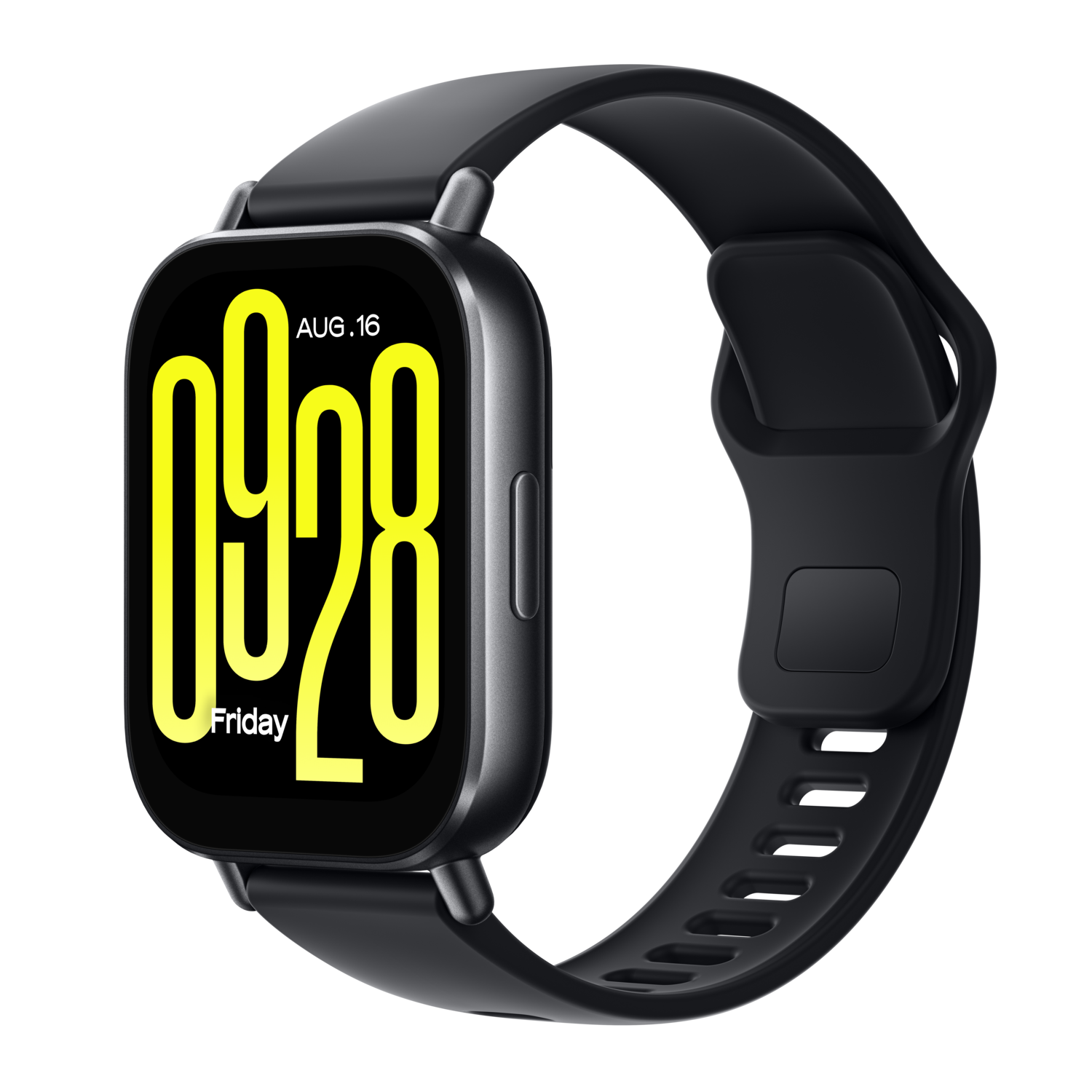 Zwarte smartwatch met gele digitale weergave van tijd en datum. Zwarte band.